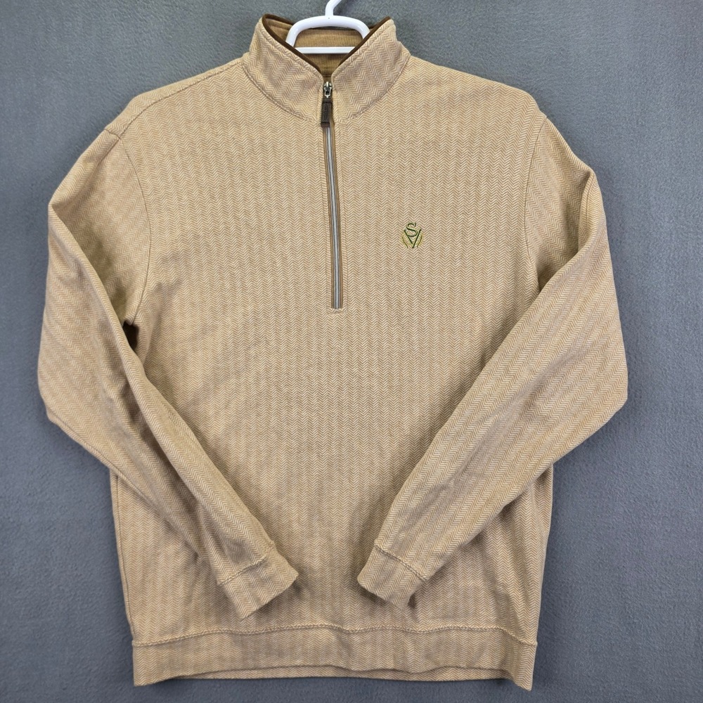 Straight Down Quarter Zip Pullover Herringbone Tan Size Medium Cotton Sun Valley